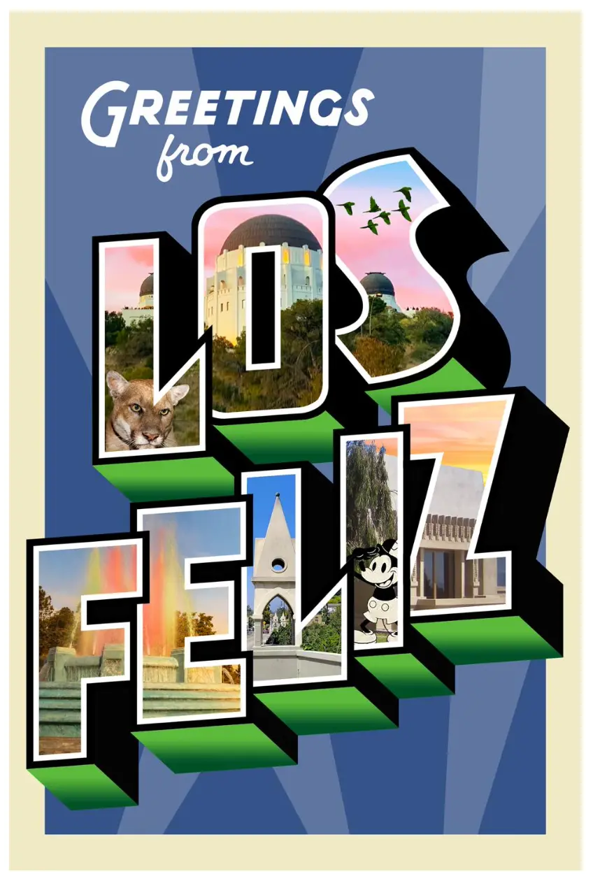 Concept rendering of a “Greetings from Los Feliz” postcard mural, with Griffith Observatory, the Ennis House, a mountain lion and neighborhood landmarks set inside oversized block letters.