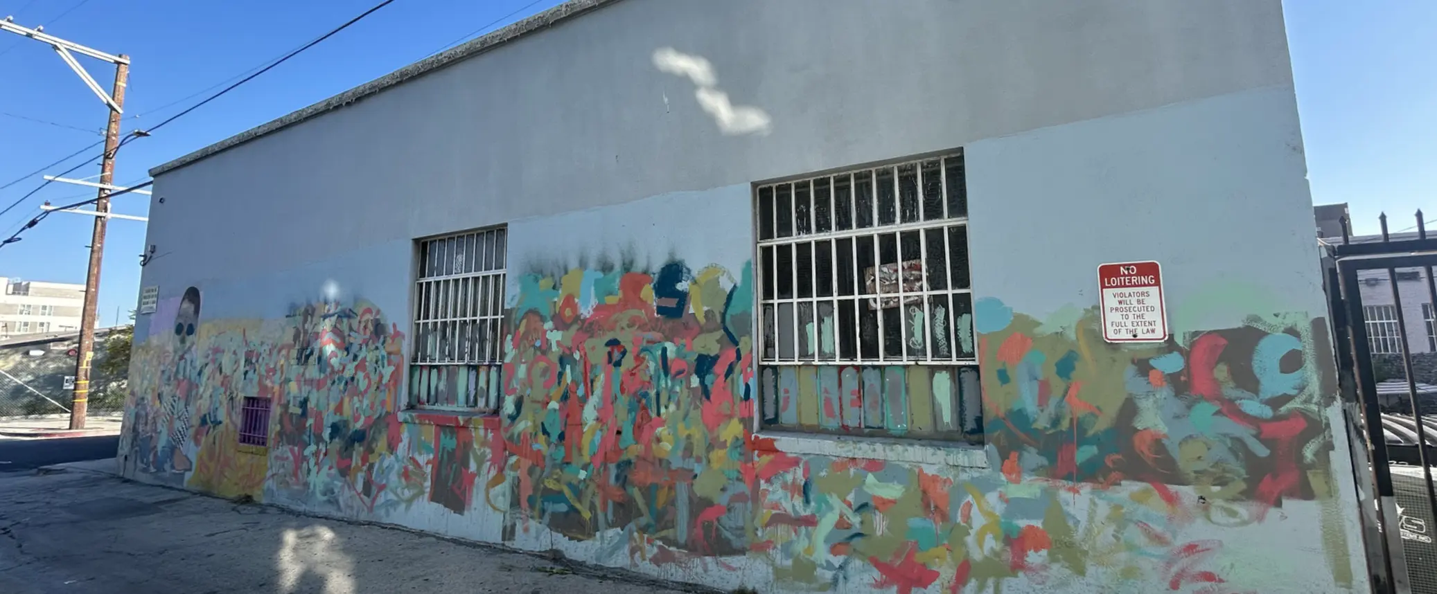 The existing alley wall behind Soap Plant / Wacko, covered in weathered, loosely painted color.